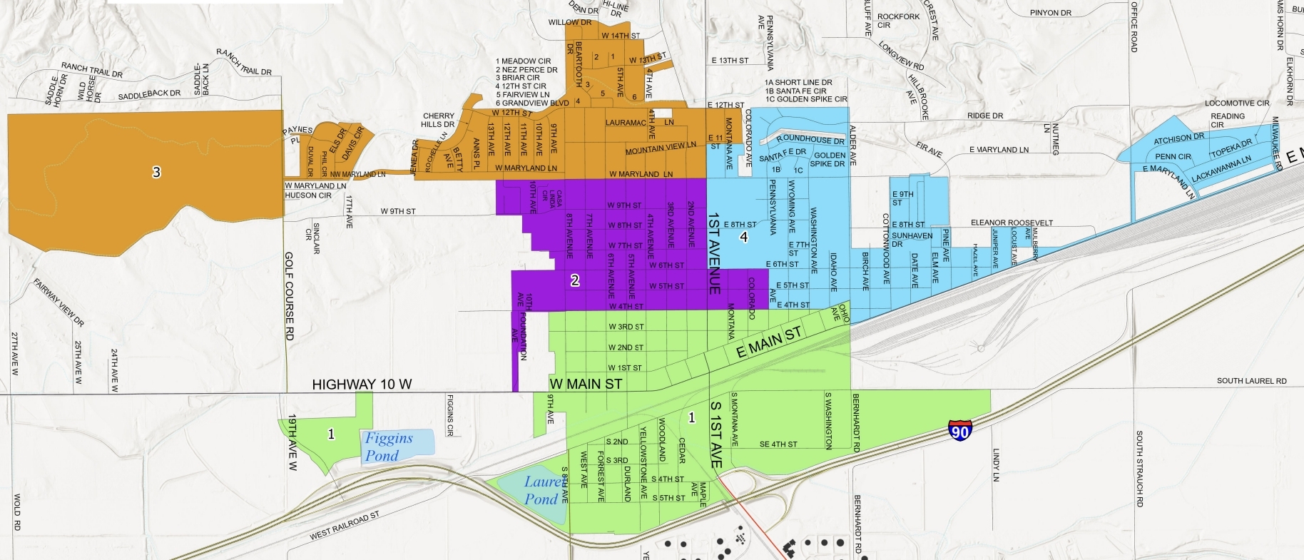 Map of Laurel, MT showing the four city wards and surrounding county area